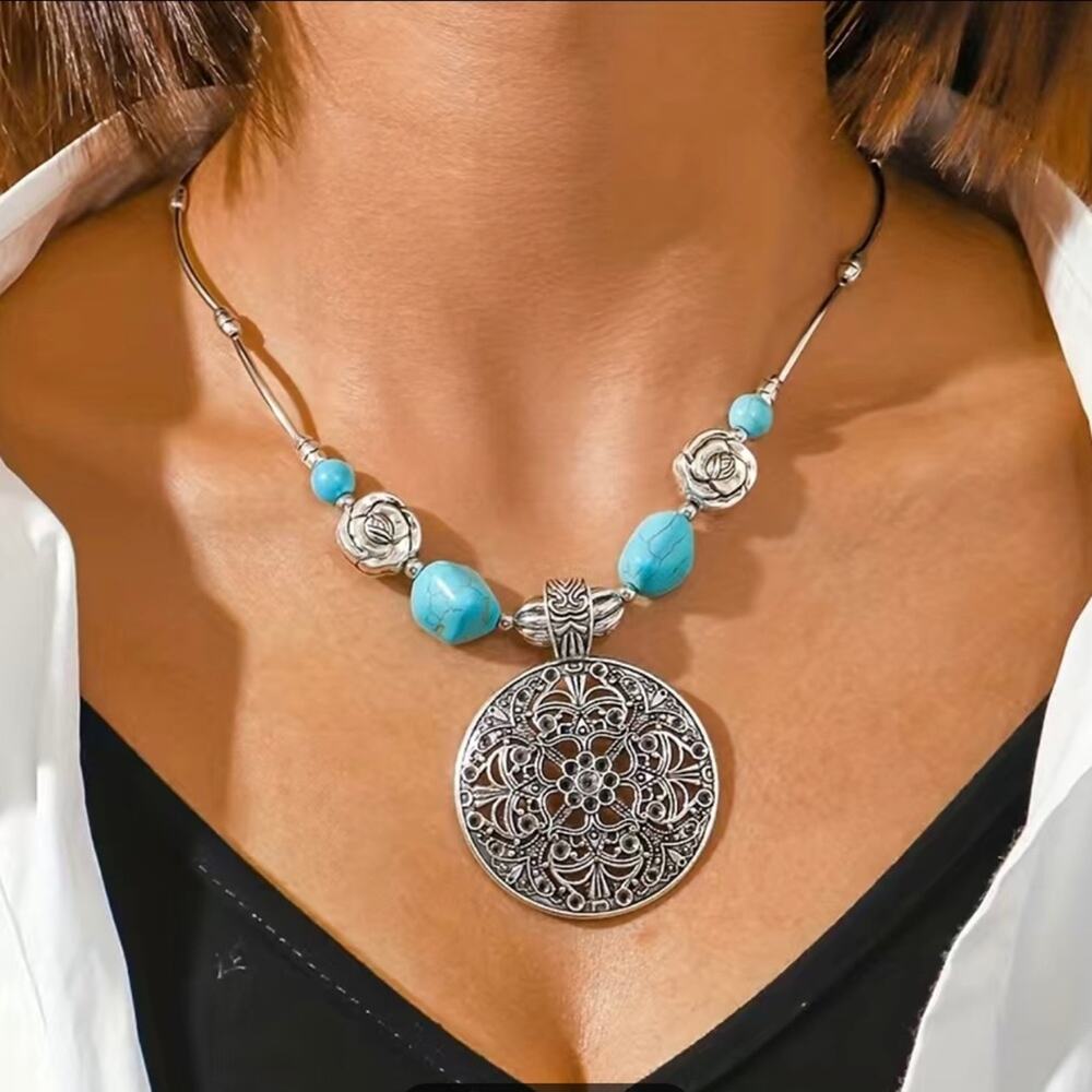 Bohemian 925 Silver Plated Natural Turquoise Hollow Carved Alloy Pendant